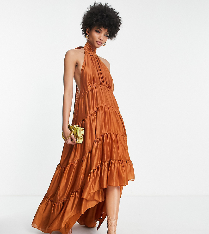 ASOS DESIGN Tall halter tiered voile maxi dress with tie back-Yellow