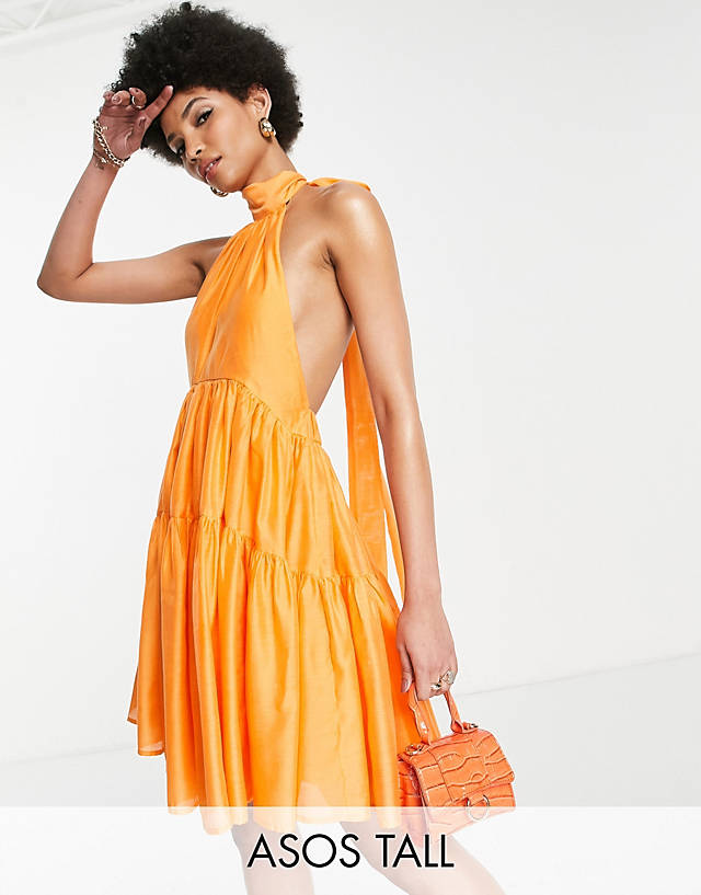 ASOS DESIGN Tall halter tiered voile mini dress with tie back detail in orange