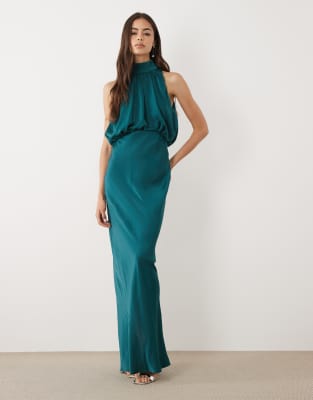 Asos Tall Asos Design Tall Halterneck Blouson Satin Maxi Dress In Blue