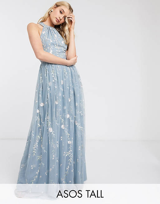  Tall halterneck pretty embroidered floral and sequin mesh maxi dress 