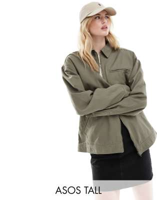 ASOS DESIGN Tall - Harrington-Hemdjacke in Khaki aus Twill-Grün