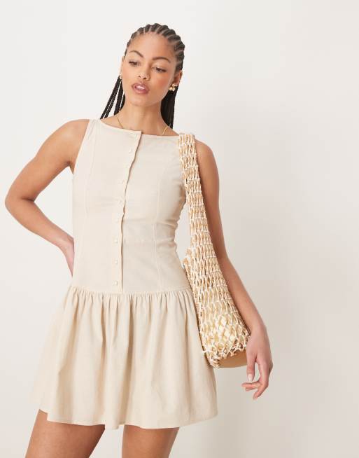 ASOS DESIGN Tall - Havrefarvet minikjole med lige hals, lavtsiddende talje og knapper, 2 af 4