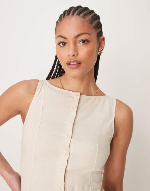 ASOS DESIGN Tall - Havrefarvet minikjole med lige hals, lavtsiddende talje og knapper, 4 af 4