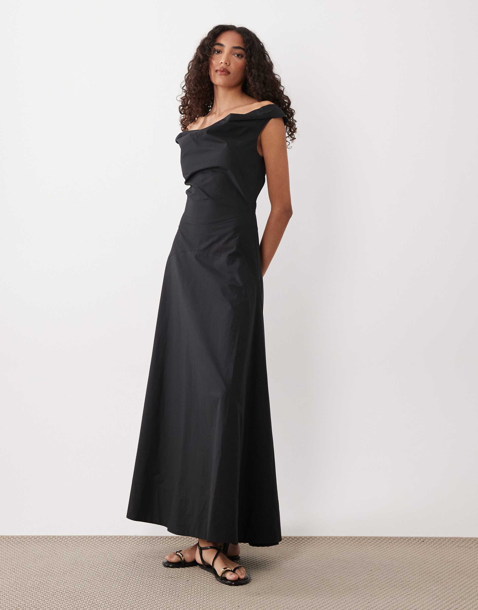 asos design tall heavy poplin maxi dress with draped neckline in black