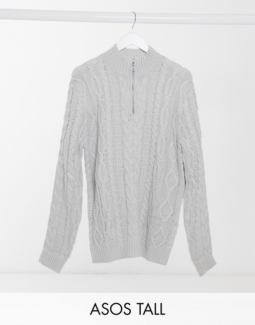ASOS DESIGN Tall heavyweight cable knit half zip jumper in light grey
