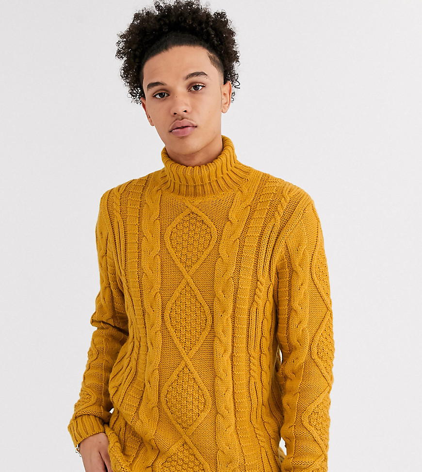 ASOS DESIGN Tall heavyweight cable knit jumper in mustard-Yellow