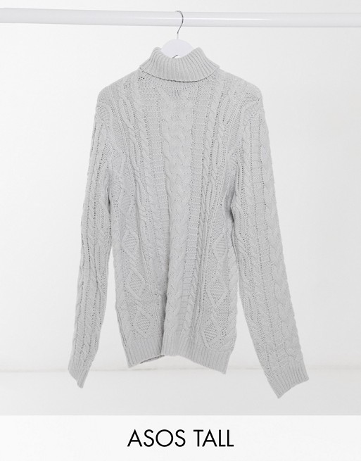ASOS DESIGN Tall heavyweight cable knit roll neck jumper in light grey
