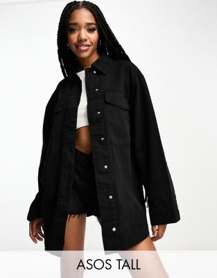 ASOS DESIGN Tall - Hemdjacke aus Baumwolle mit Taschen in Schwarz-Grün