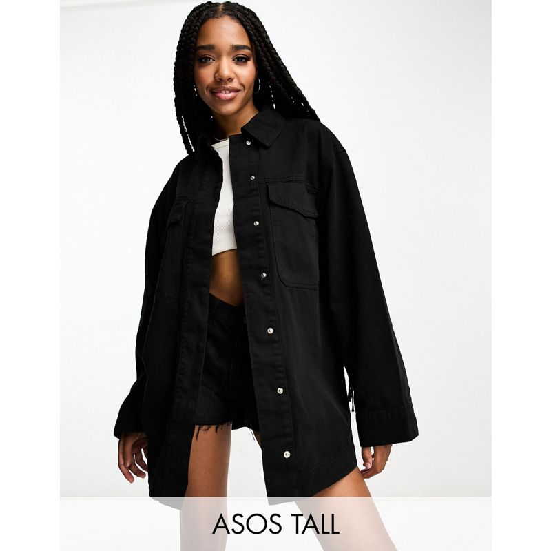 DESIGN Tall – Hemdjacke aus Baumwolle mit Taschen in Schwarz