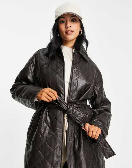 Quilted Faux Leather Jacket - Dark brown - Ladies