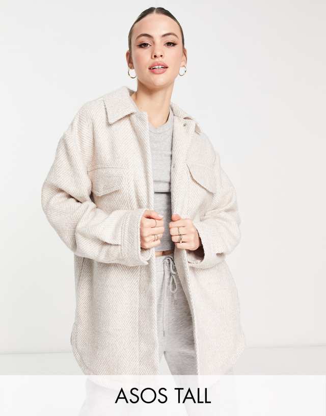 ASOS DESIGN Tall herringbone shacket in oatmeal