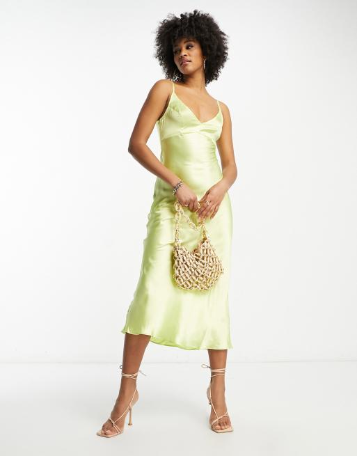 ASOS DESIGN satin cami with lace neck and waist insert in lime green