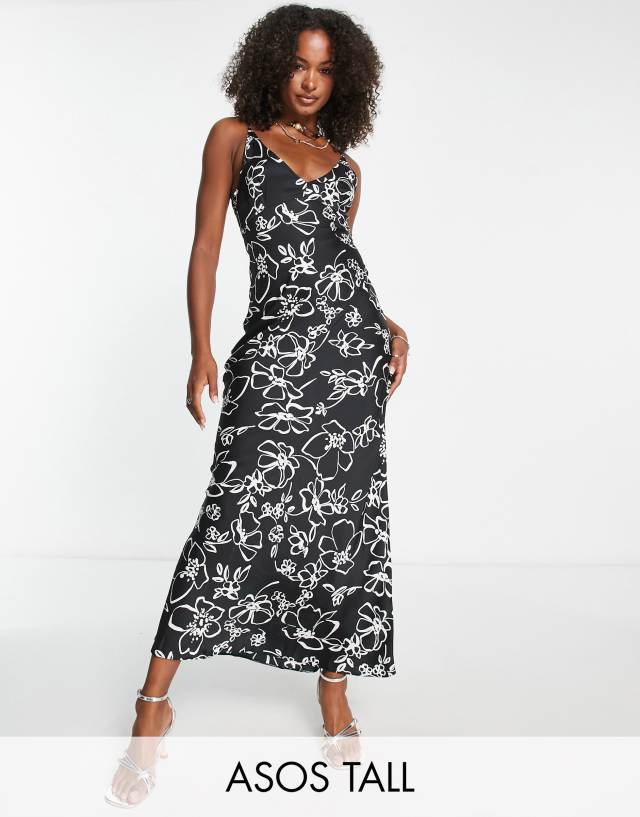 ASOS Tall - ASOS DESIGN Tall high apex satin maxi slip dress in black based white floral