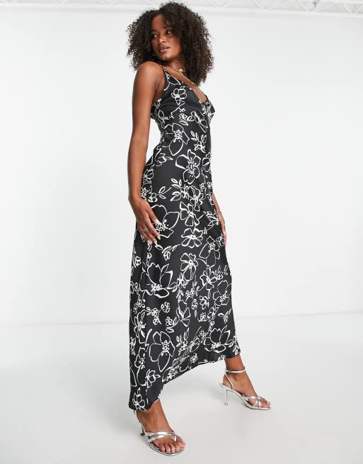 ASOS DESIGN Tall high apex satin maxi slip dress in black based white floral