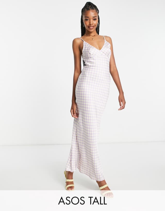 ASOS DESIGN Tall high apex satin maxi slip dress in lilac checkerboard