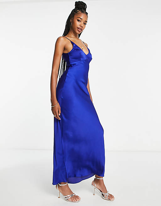 ASOS DESIGN Tall high apex satin maxi slip dress in royal blue