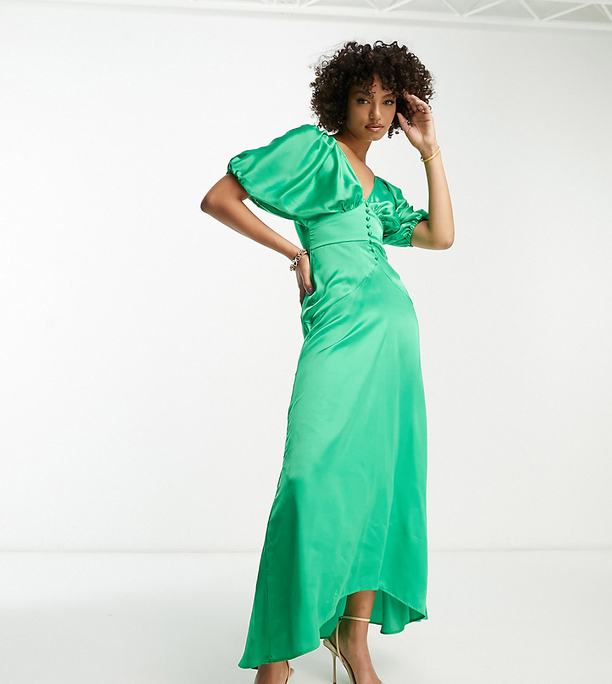 Asos Tall Asos Design Tall High Low Hem Satin Batwing Midi Dress With Button Through Detail In Emerald Green