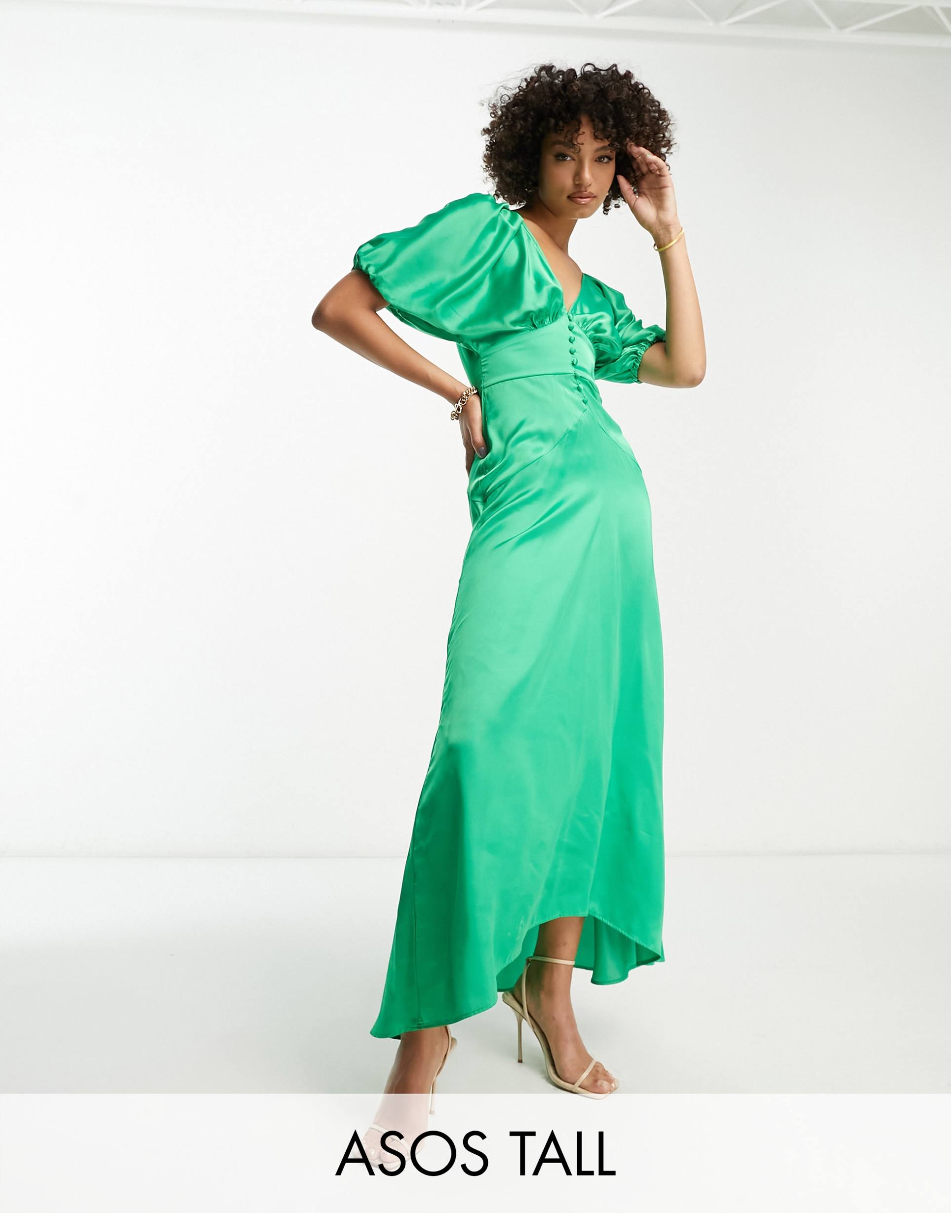 asos design tall high low hem satin batwing midi dress with button through detail in emerald green