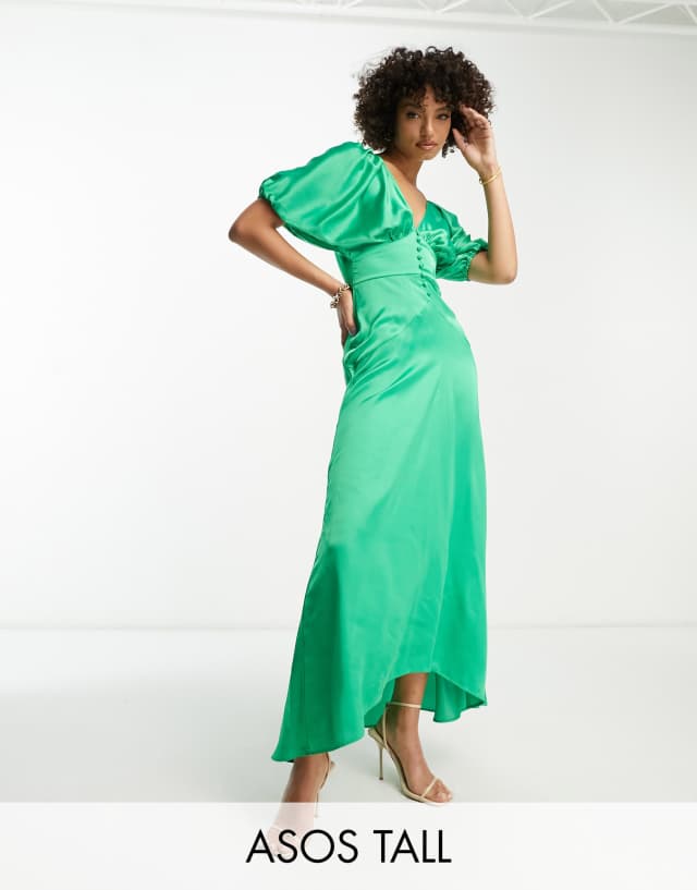 ASOS DESIGN Tall high low hem satin batwing midi dress with button through detail in emerald green