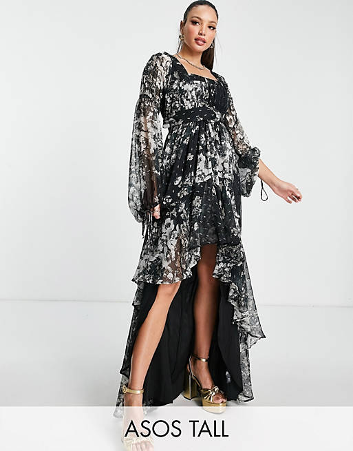 Dresses Tall high low maxi dress in textured chiffon floral print with belt and pintuck detail 