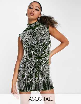 ASOS DESIGN Tall high neck all over embellished mini dress in dark green with silver sequin-Black