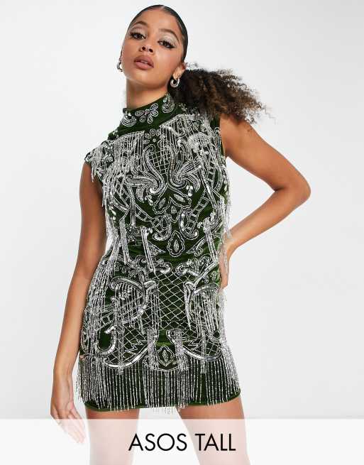 ASOS DESIGN Tall high neck all over embellished mini dress in dark green with silver sequin