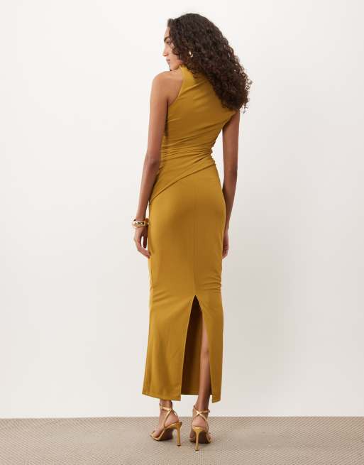 ASOS DESIGN Tall high neck asymmetric ruched maxi dress in tobacco, 2 of 4