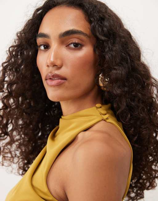 ASOS DESIGN Tall high neck asymmetric ruched maxi dress in tobacco, 4 of 4