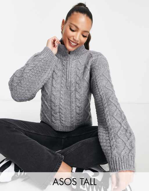 ASOS DESIGN Tall high neck cable knit jumper with zip detail in grey  