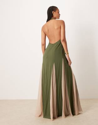 Asos Tall Asos Design Tall High Neck Chiffon Maxi Dress With Contrast Godet Skirt In Green