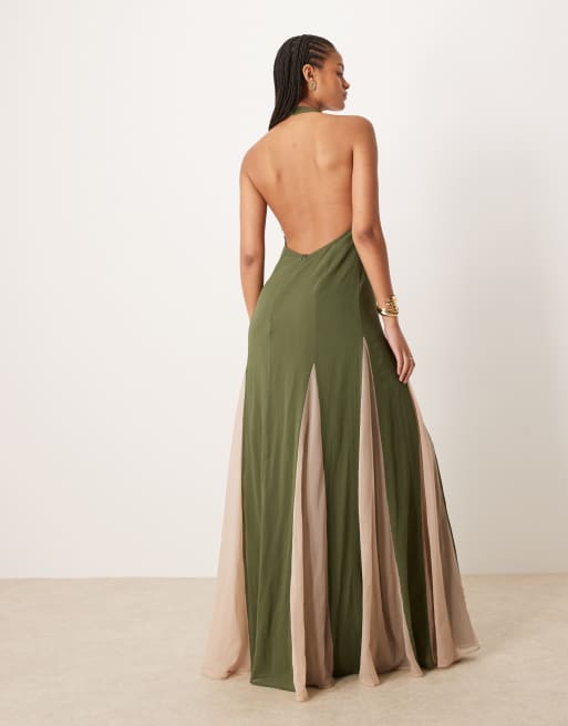 ASOS DESIGN Tall high neck chiffon maxi dress with contrast godet skirt in dark green