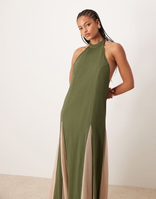 ASOS DESIGN Tall high neck chiffon maxi dress with contrast godet skirt in dark green