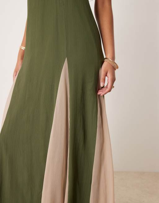 ASOS DESIGN Tall high neck chiffon maxi dress with contrast godet skirt in dark green
