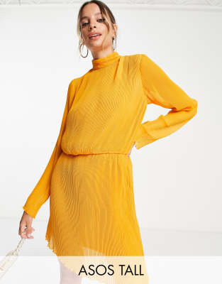 Asos Design Tall High Neck Chiffon Plisse Mini Dress In Mustard-Yellow
