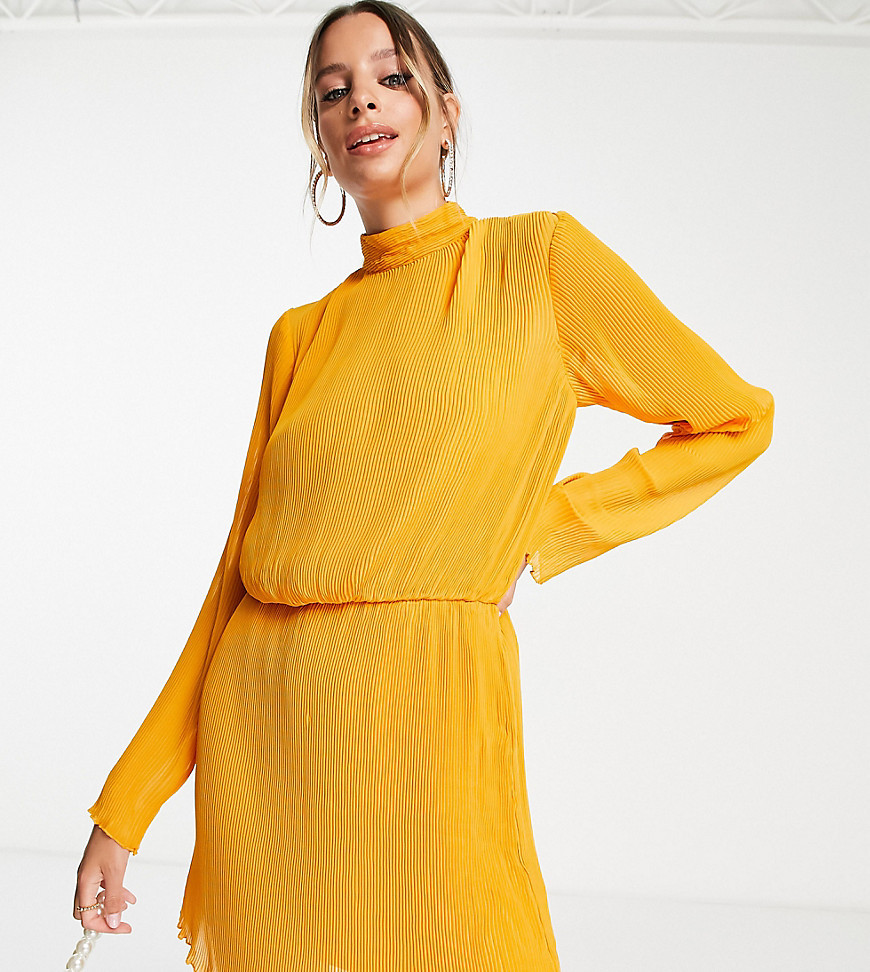 Asos Tall Asos Design Tall High Neck Chiffon Plisse Mini Dress In Mustard-yellow