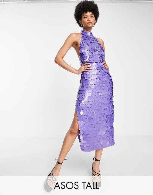 ASOS DESIGN Tall high neck disc sequin midi dress in purple ASOS