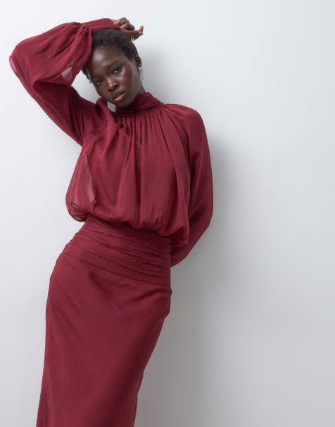 ASOS DESIGN Tall high neck drape chiffon maxi dress with neck tie in burgundy