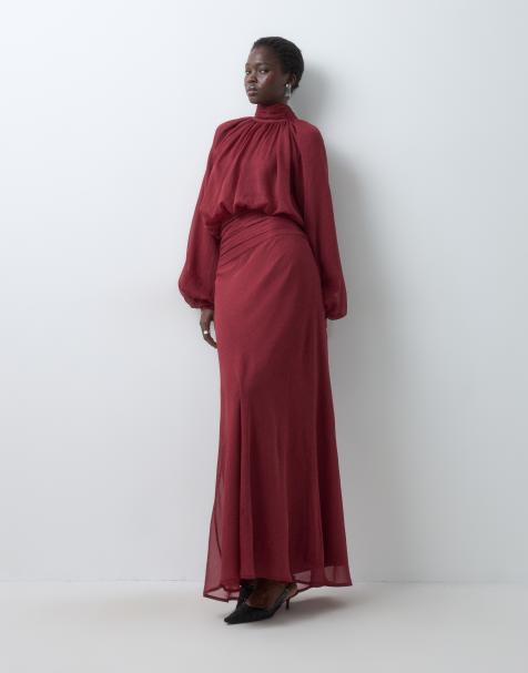 ASOS DESIGN Tall high neck drape chiffon maxi dress with neck tie in burgundy - view 1
