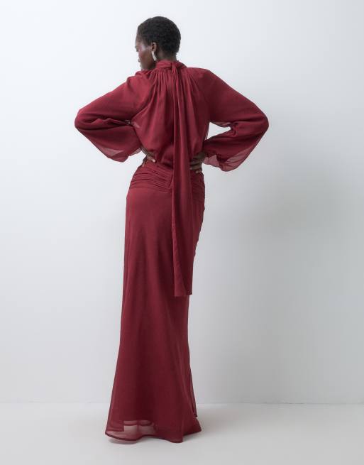 ASOS DESIGN Tall high neck drape chiffon maxi dress with neck tie in burgundy, 5 of 5