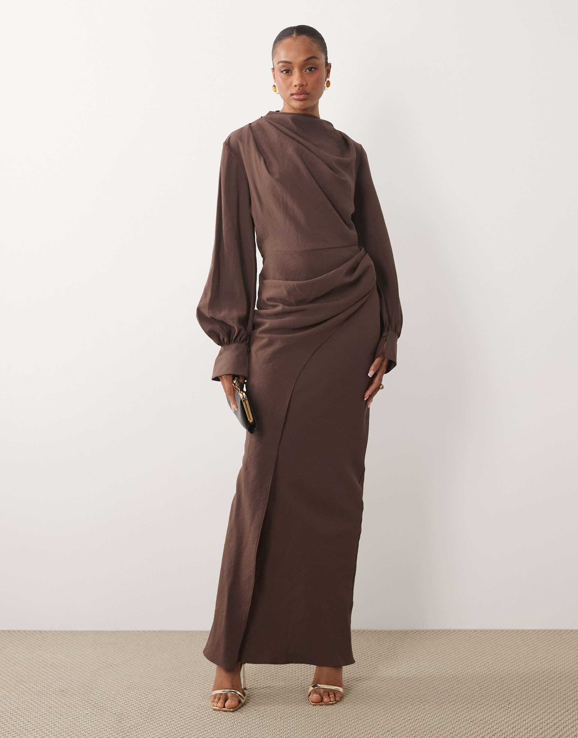 asos design tall high neck drape maxi dress with drape skirt in brown