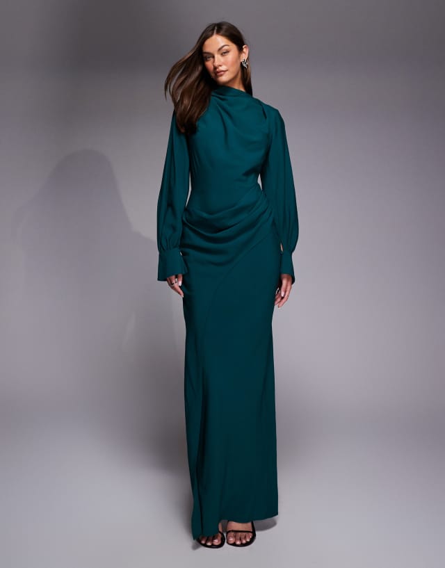 asos tall green dress DESIGN high neck drape maxi with drape skirt in teal Color_Black Gold