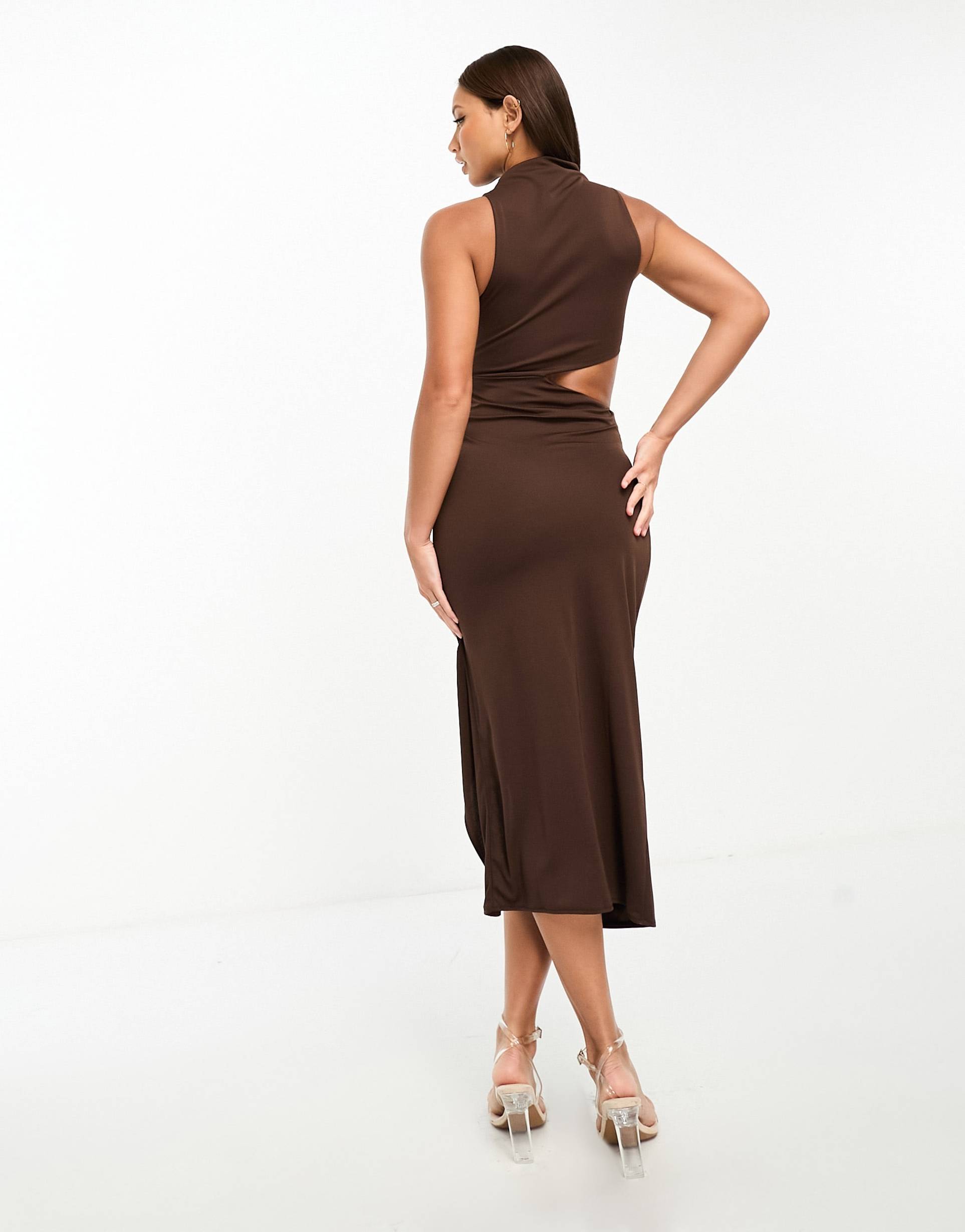 asos design tall high neck drape minimal cut out midi dress in chocolate