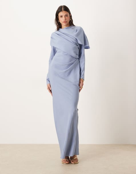ASOS DESIGN Tall high neck draped bodice maxi dress in mid blue - view 1