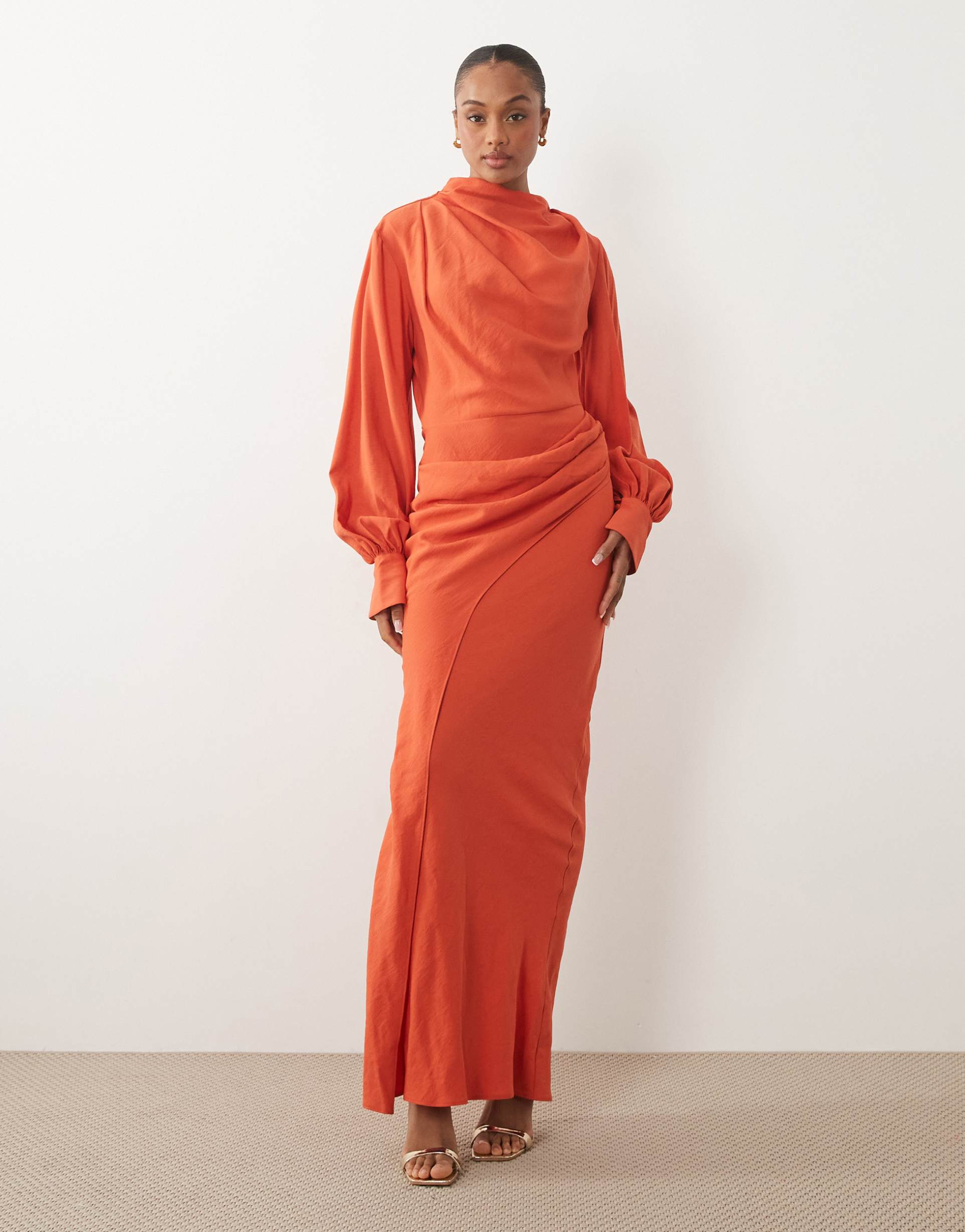 asos design tall high neck draped maxi dress with draped skirt in orange