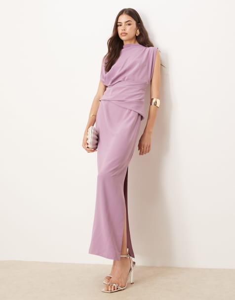 ASOS DESIGN Tall high neck drapey pleated midi dress in grape - view 1