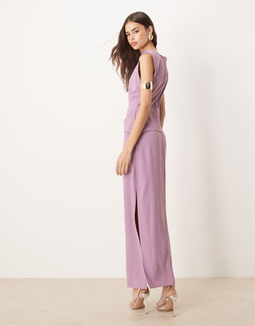 ASOS DESIGN Tall high neck drapey pleated midi dress in grape, 2 of 4