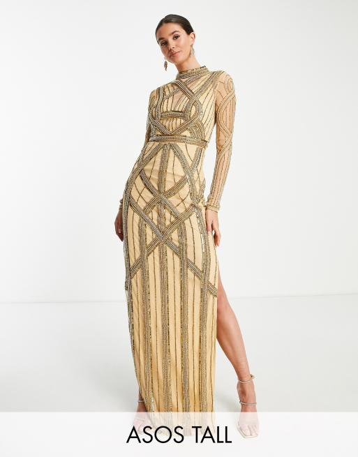 ASOS DESIGN Tall high neck embellished maxi dress with long sleeves in gold