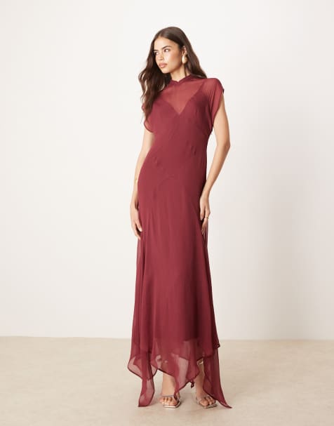 ASOS DESIGN Tall high neck hanky hem chiffon maxi dress in dark cherry - view 1