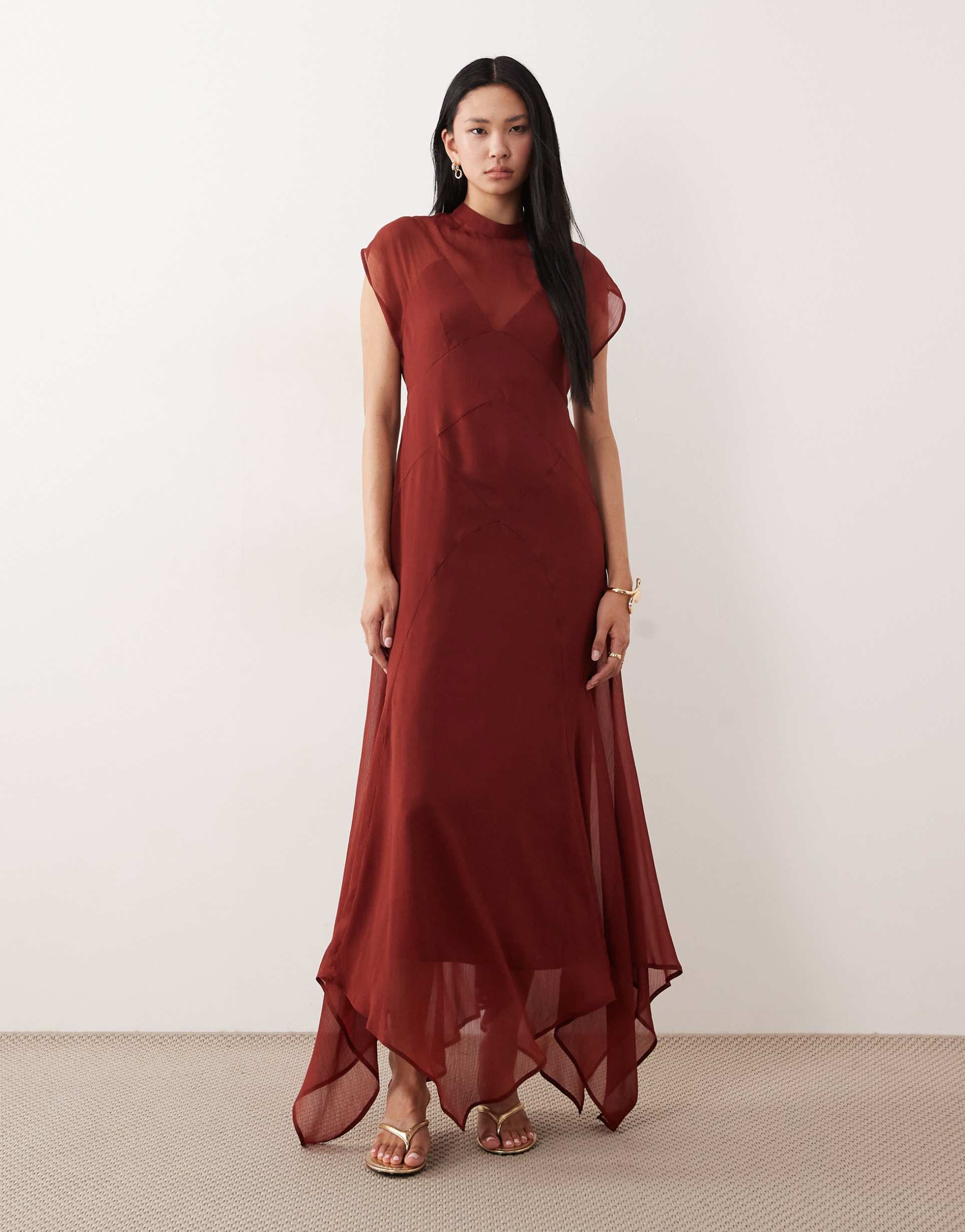 asos design tall high neck hanky hem chiffon maxi dress in deep rust