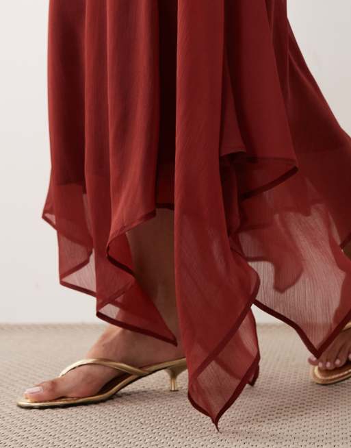 ASOS DESIGN Tall high neck hanky hem chiffon maxi dress in deep rust, 3 of 4